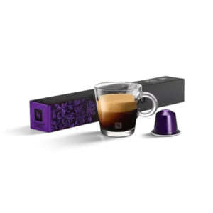 ALT: Фиолетовая коробка кофе в капсулах Nespresso Original Arpeggio с оригинальной капсулой и прозрачной чашкой эспрессо