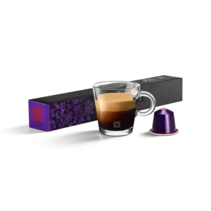 Фиолетовая коробка кофе без кофеина в капсулах Nespresso Original Arpeggio Decaffeinato с капсулой и прозрачной чашкой эспрессо