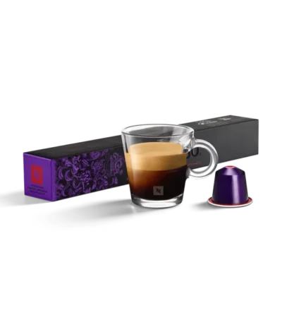 Фиолетовая коробка кофе без кофеина в капсулах Nespresso Original Arpeggio Decaffeinato с капсулой и прозрачной чашкой эспрессо